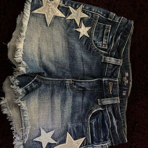 Miss Me Blue and White Star-Patterned Denim Shorts